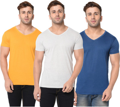 Adorbs Solid Men V Neck Dark Blue, Grey, Yellow T-Shirt