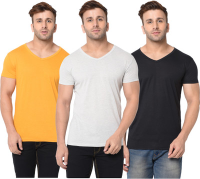 Adorbs Solid Men V Neck Black, Grey, Yellow T-Shirt