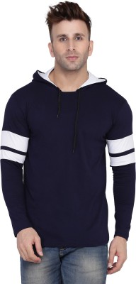 Lawful Casual Solid Men Hooded Neck Dark Blue, White T-Shirt