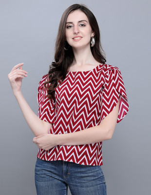 Selvia Casual Petal Sleeve Printed Women Red, White Top
