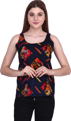 POPWINGS Casual Sleeveless Graphic Print Women Blue Top