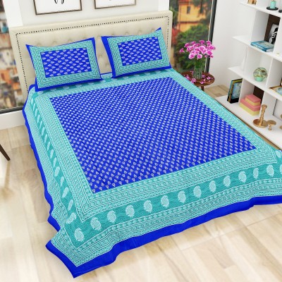 DEVIOUS 110 TC Cotton Queen Jaipuri Prints Flat Bedsheet(Pack of 1, Blue)