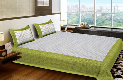 E ELMA Cotton Double Flat 120 TC Printed Bedsheet(Pack of 1, Green)
