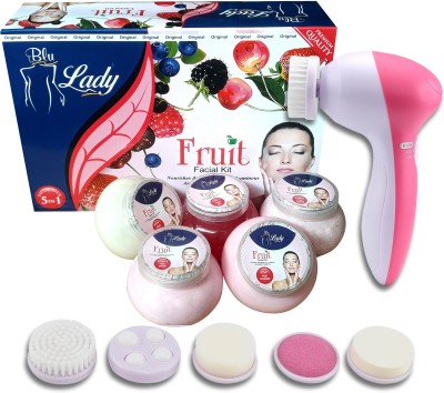 BLUE LADY Professional Mix Fruit Facial Kit With Face Massager sp. combo, Suitable For all Age, Unisex For Fairness, Best In-stat Glow Facial Kit Ever in INDIA (Set OF 5)(250 g)