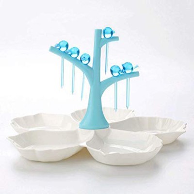 ZINZA 5 Sections Petal Serving Trays Dishes with Branches and Bird Shape Fruit Fork Snack Dessert Tree Fruit Candy Plates Fork Dessert Fork Plastic Serving Fork