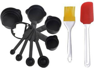 ABHYAASA 8PC BLACK MEASURING SPOONS AND CUPS , SILICONE BRUSH & BRUSH SPATULA SET 8.5 '' Kitchen Tool Set(Black, Baking Tools)