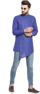 SAIFOO Men Solid Asymmetric Kurta(Blue)