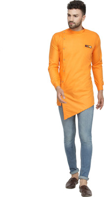 SAIFOO Men Solid Asymmetric Kurta(Orange)