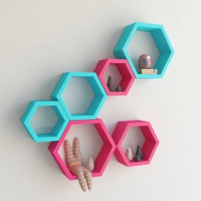 Eco Handicrafts wooden hexagon shape wall shelves, wall rack shelf , Number of shelves 6 BLUE & PINK Wooden Wall Shelf(Number of Shelves - 6, Blue, Pink)