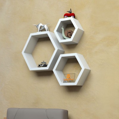 RESHUZ Maaz Handicrafts Hexagon Shape Set Of 3Package 1 MDF (Medium Density Fiber) Wall Shelf(Number of Shelves - 3, White, White)