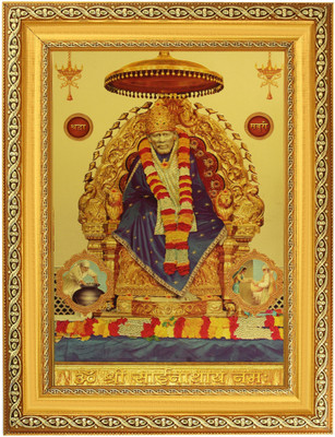BM Traders Shirdi Sai Baba Elegant Golden Foil Photo in Golden Frame (11 X 14 Inch) Religious Wall Decor Religious Frame