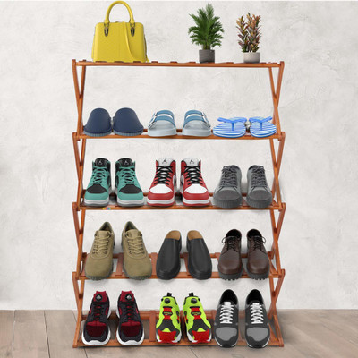 Livzing 5-Tier Collapsible Multipurpose Folding Bamboo Wooden Shoe Rack Household Holder Storage Shelf Installation-Free Organizer Solid Wood Collapsible Shoe Stand(Brown, 5 Shelves)