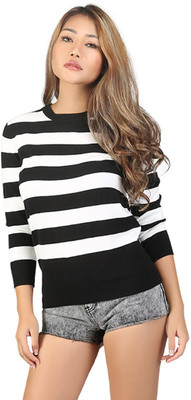 London Rag Striped Round Neck Casual Women Black, White Sweater