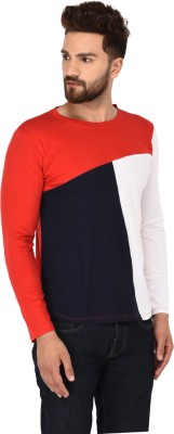 Fascista Colorblock Men Round Neck Dark Blue, Red, White T-Shirt