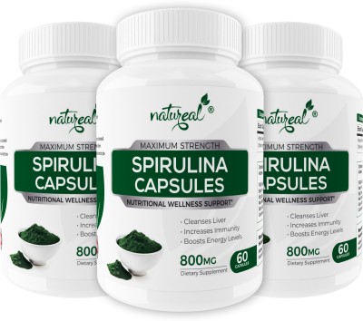 Natureal Spirulina Pure Extract 800 mg Capsules for Improved Immunity & Overall Wellness(3 x 60 No)