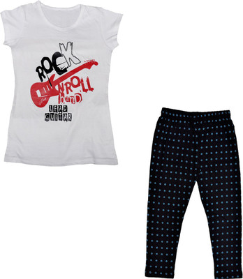 Indistar Girls Casual Capri T-shirt(White, Black)