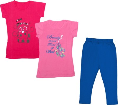 IndiWeaves Girls Casual Capri T-shirt(Blue, Pink)