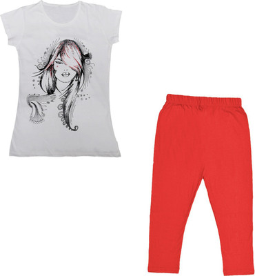 Indistar Girls Casual Capri T-shirt(Red, White)