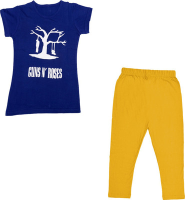 Indistar Girls Casual Capri T-shirt(Blue, Yellow)