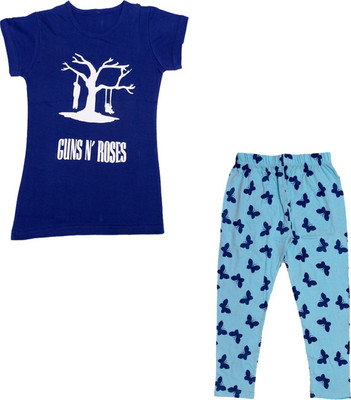 Indistar Girls Casual Capri T-shirt(Blue)