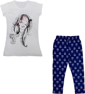 Indistar Girls Casual Capri T-shirt(White, Blue)
