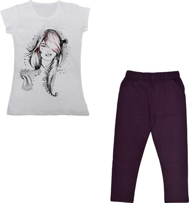Indistar Girls Casual Capri T-shirt(White, Brown)