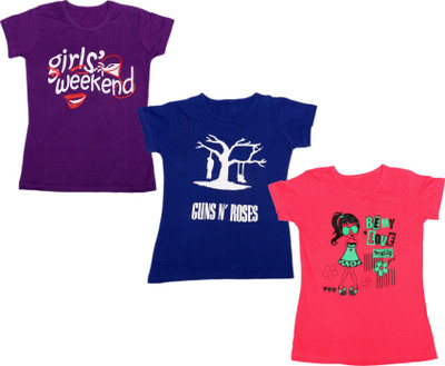 IndiWeaves Girls Printed Cotton Blend Regular, Slim T Shirt(Purple, Pack of 3)