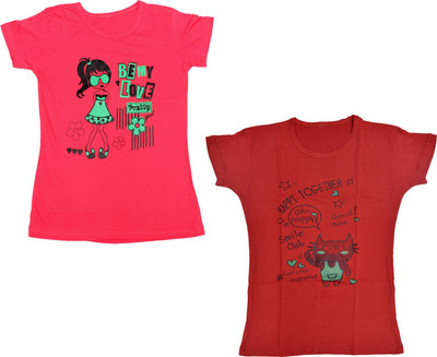 IndiWeaves Girls Printed Cotton Blend Regular T Shirt(Pink, Pack of 2)