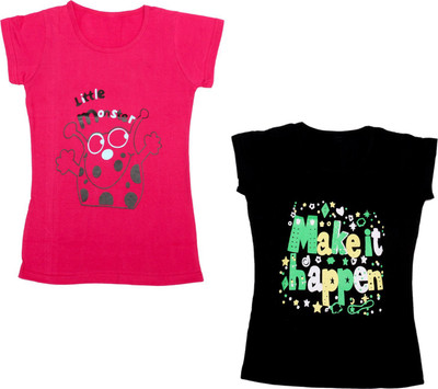 Indistar Girls Printed Cotton Blend Regular T Shirt(Pink, Pack of 2)
