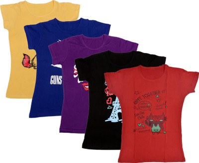 Indistar Girls Printed Cotton Blend Regular T Shirt(Red, Pack of 5)