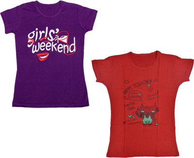 IndiWeaves Girls Printed Cotton Blend Regular T Shirt(Multicolor, Pack of 2)