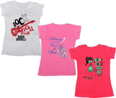 Indistar Girls Printed Cotton Blend Regular T Shirt(Pink, Pack of 3)