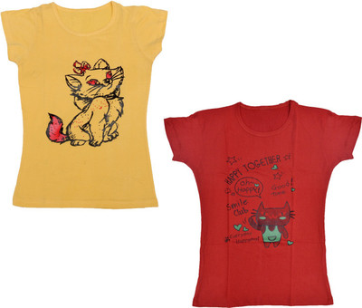 IndiWeaves Girls Printed Cotton Blend Regular T Shirt(Red, Pack of 2)