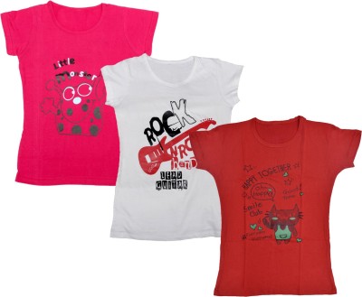 KAVYA Girls Printed Cotton Blend Regular T Shirt(Red, Pack of 3)