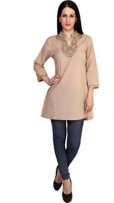 Anekaant Women Embroidered Straight Kurta(Beige)