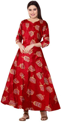 SILVER ORGANISATION Women Printed Gown Kurta(Maroon)