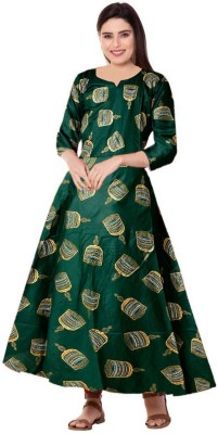 SILVER ORGANISATION Women Printed Gown Kurta(Green)