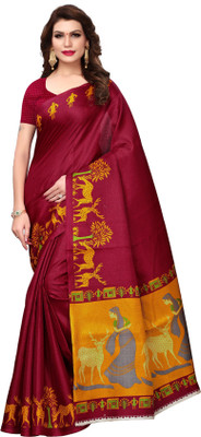 MISILY Self Design Kalamkari Cotton Blend, Poly Silk Saree(Maroon)