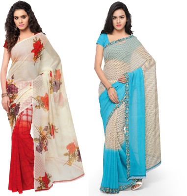 Anand Sarees Printed Bollywood Georgette Saree(Pack of 2, Light Blue, White)