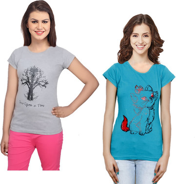 Indistar Printed Women Round Neck Blue, Grey T-Shirt