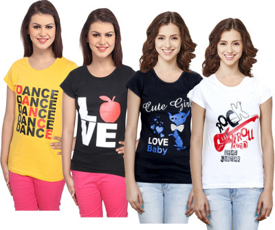 Indistar Printed Women Round Neck White, Black, Yellow T-Shirt