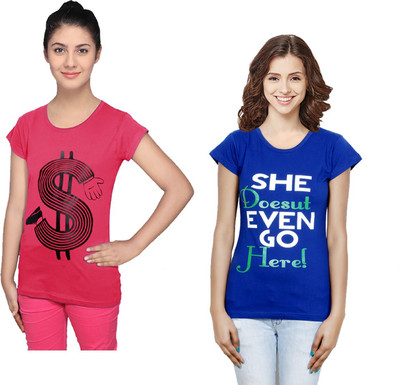 Indistar Printed Women Round Neck Blue, Pink T-Shirt