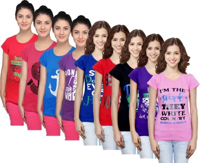 Indistar Printed Women Round Neck Purple, Red, Blue, Pink, Black T-Shirt