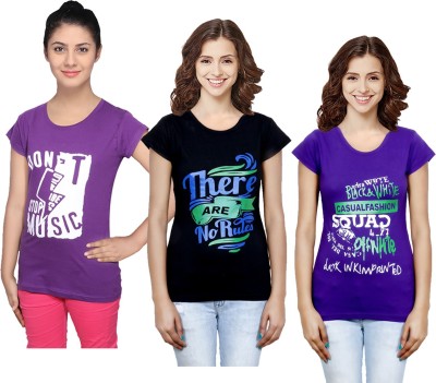 Indistar Printed Women Round Neck Purple, Black T-Shirt