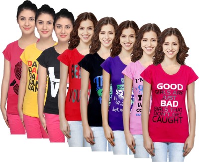 Indistar Printed Women Round Neck Purple, Red, Pink, Black, Yellow T-Shirt