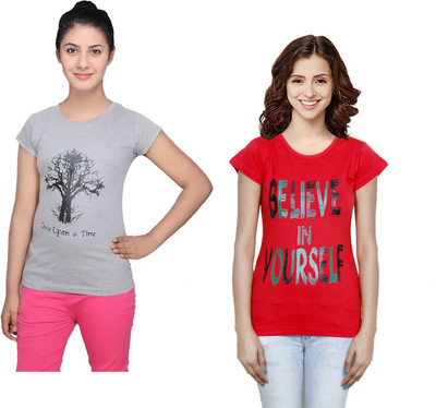 Indistar Printed Women Round Neck Red, Grey T-Shirt