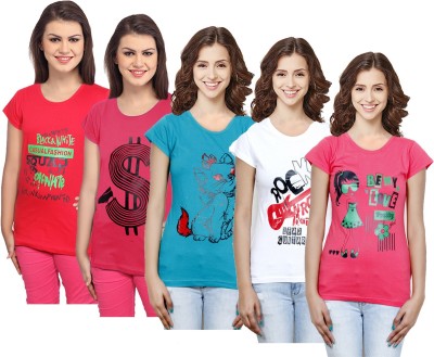 Indistar Printed Women Round Neck Multicolor T-Shirt