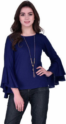 VAANYA Casual Butterfly Sleeve Solid Women Dark Blue Top