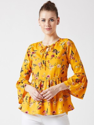 U&F Party Bell Sleeve Floral Print Women Yellow Top