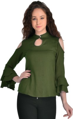 VAANYA Casual Cold Shoulder, Flute Sleeve Solid Women Light Green Top